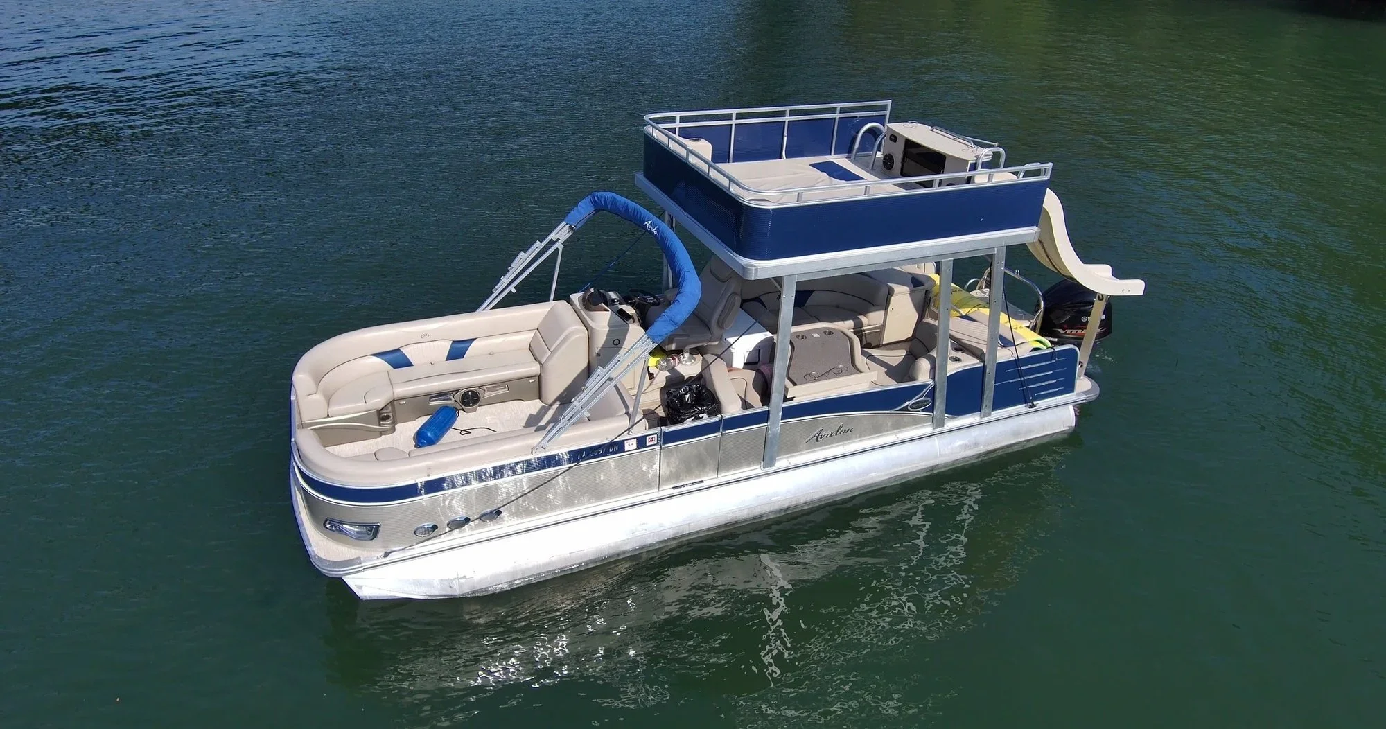 Double-decker party boat on Lake Travis for a Devil's Cove lake day